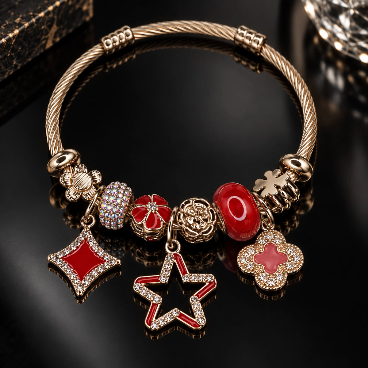 HB00016 - 18K Gold Plated Red Enamel Charm Bracelet – 100% Brass Crystal Accent Bangle