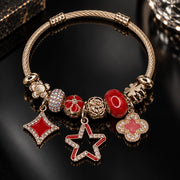 HB00017 - 18K Gold Plated Star Shapes Red Enamel Charm Bracelet – 100% Brass