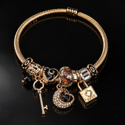 HB00018 - Gold-Plated Rope Charm Bracelet with Heart, Key & Lock Accents – 100% Brass