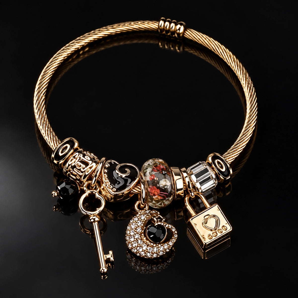 HB00018 - Gold-Plated Rope Charm Bracelet with Heart, Key & Lock Accents – 100% Brass