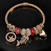 HB00020 - Gold Plated Multicolor Charm Bracelet with Fish Bone, Heart Crystal Accents – 100% Brass