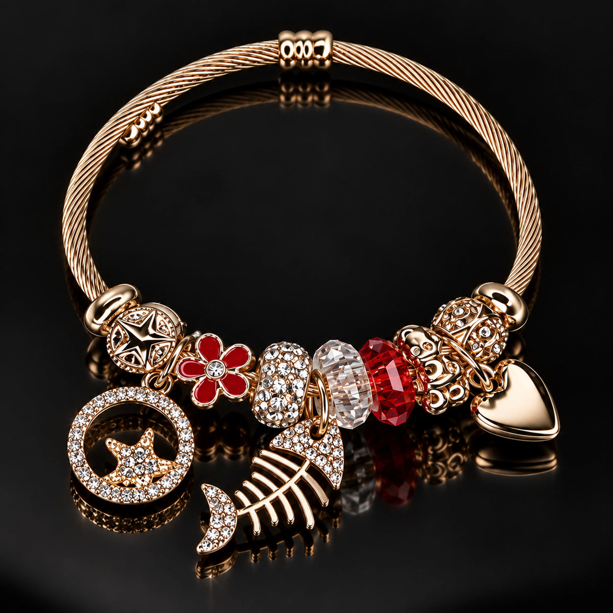 HB00020 - Gold Plated Multicolor Charm Bracelet with Fish Bone, Heart Crystal Accents – 100% Brass