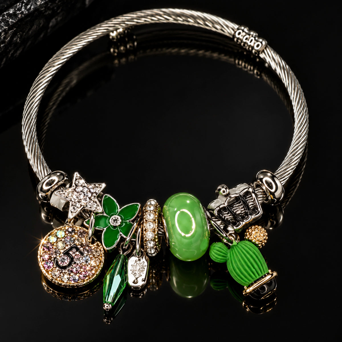 HB00021 - Gold-Tone Silver-Twisted Charm Bracelet with Green Enamel & Rhinestone Accents – 100% Brass
