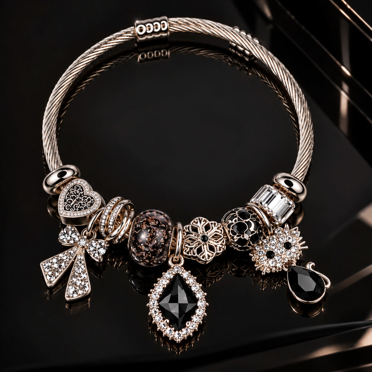 HB00022 - Silver-Tone Gold Plated Charm Bracelet with Crystal Accents & Black Gemstone – 100% Brass