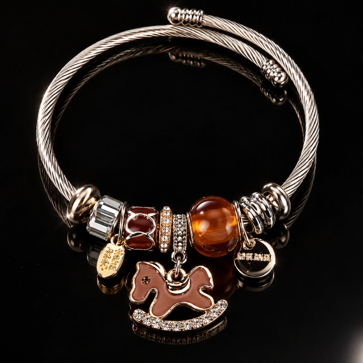HB00023 - Gold Plated Twisted Cable Charm Bracelet – 100% Brass Horse Pendant & Crystal Accent Bangle