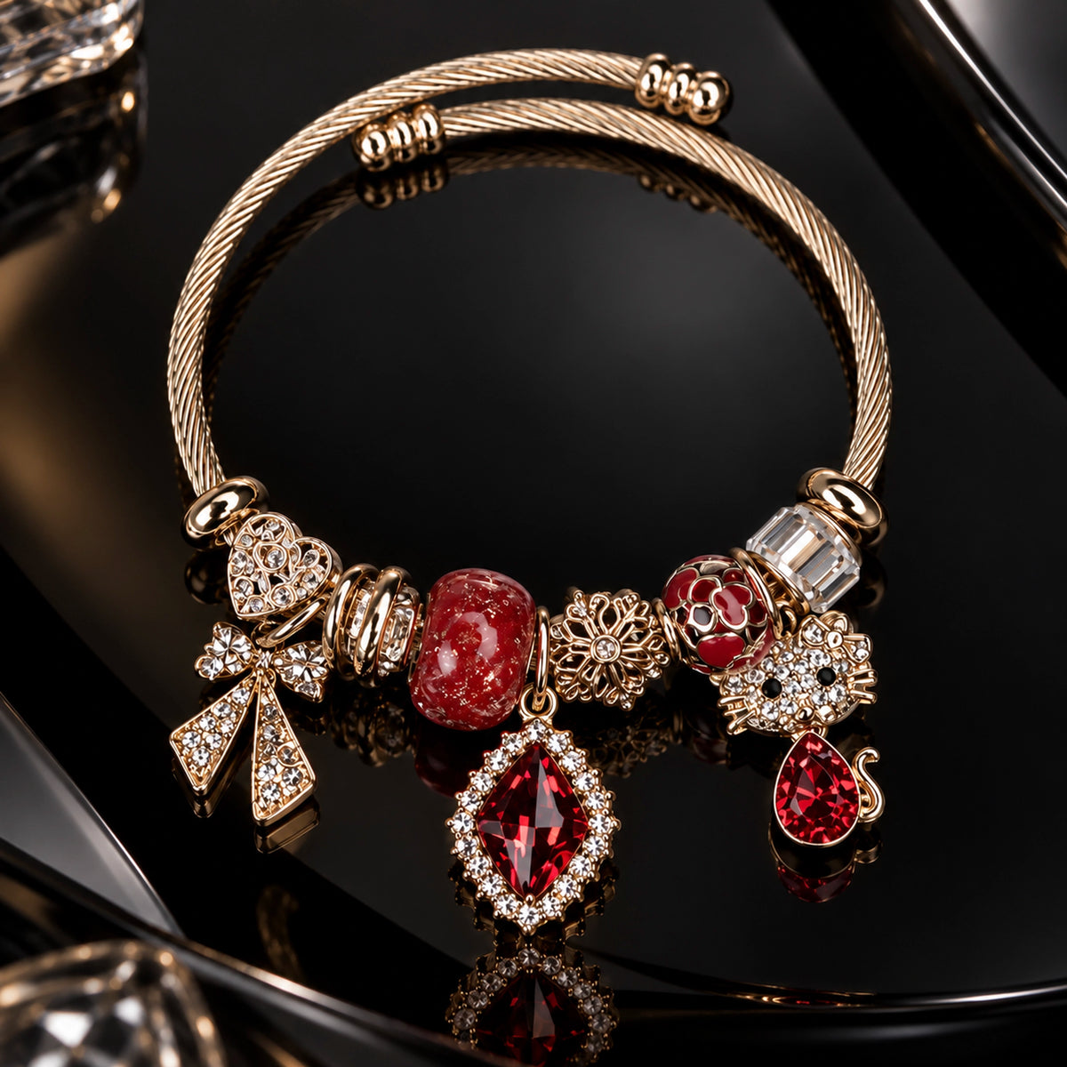 HB00024 - Gold Plated Ribbon Ruby Red Crystal Pendant Charm Bracelet – 100% Brass