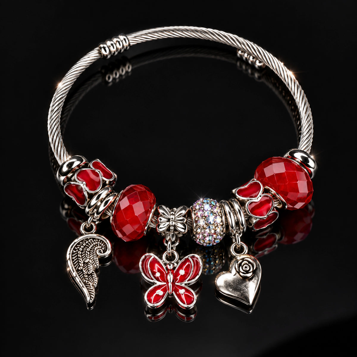HB00025 - Gold Plated Red Crystal Charm Bracelet with Butterfly, Rose Heart & Feather – 100% Brass