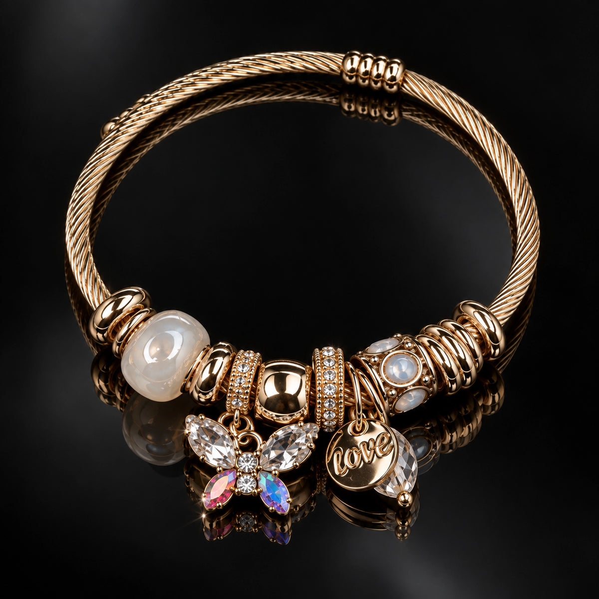 HB00026 - Gold Plated Charm Bangle Bracelet with Butterfly, Love & Crystal Charms – 100% Brass