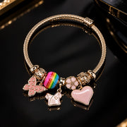 HB00027 - Gold Plated Rainbow & Pink Enamel Heart Charm Bracelet – 100% Brass