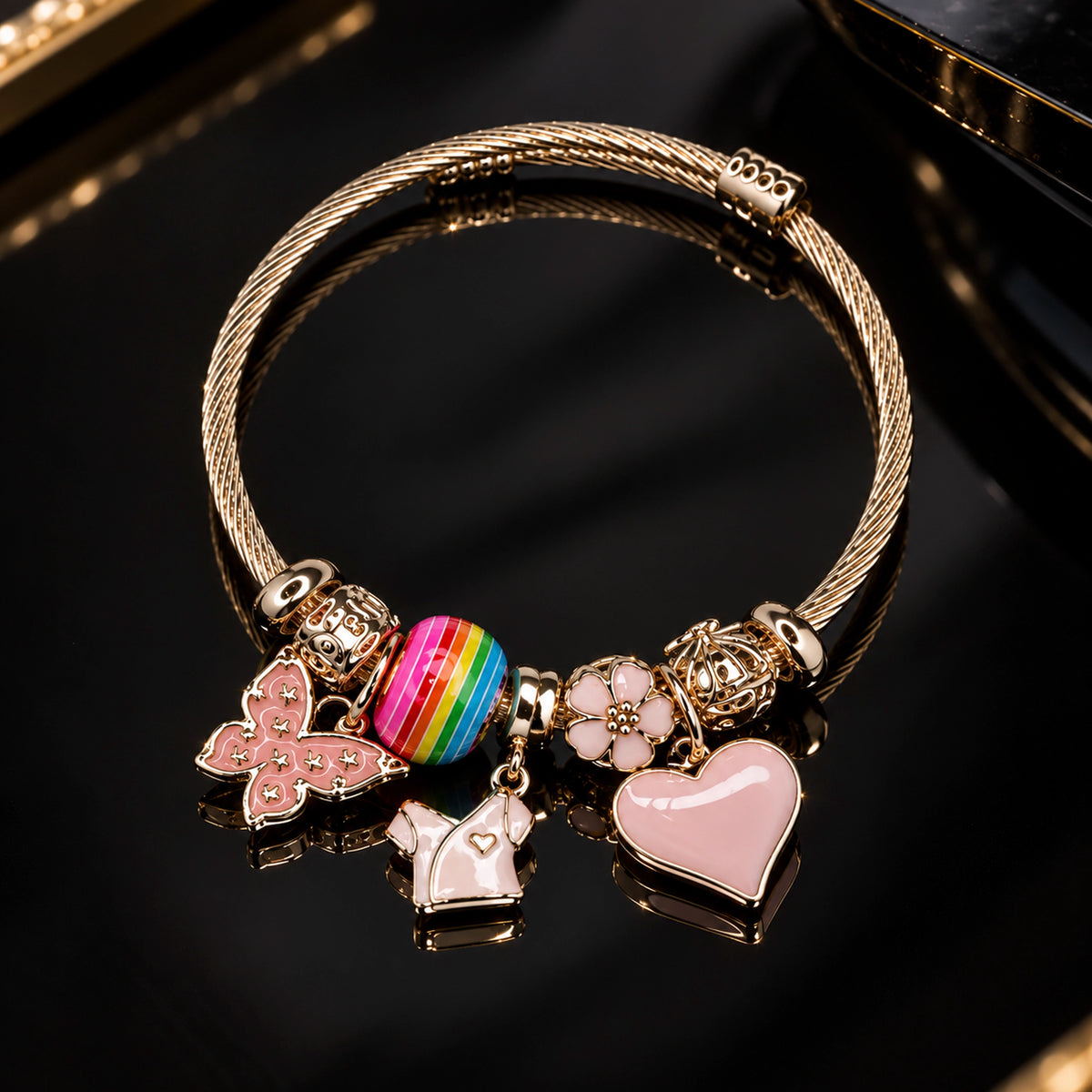 HB00027 - Gold Plated Rainbow & Pink Enamel Heart Charm Bracelet – 100% Brass