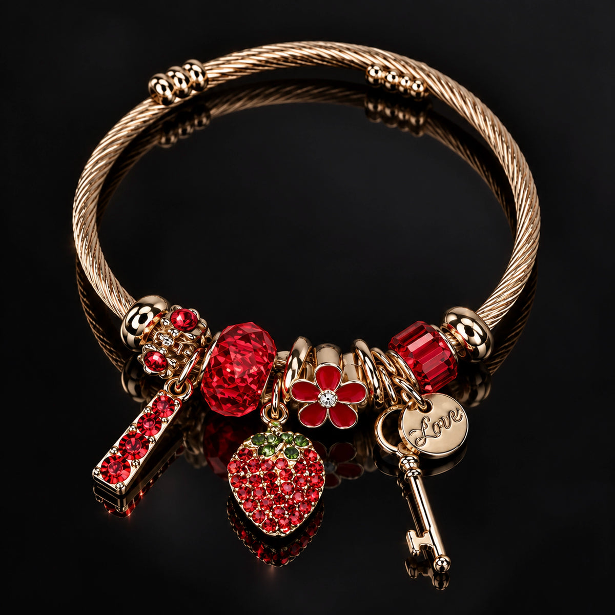 HB00028 - Gold-Plated Strawberry Charm Bracelet with Red Rhinestone Accents – 100% Brass