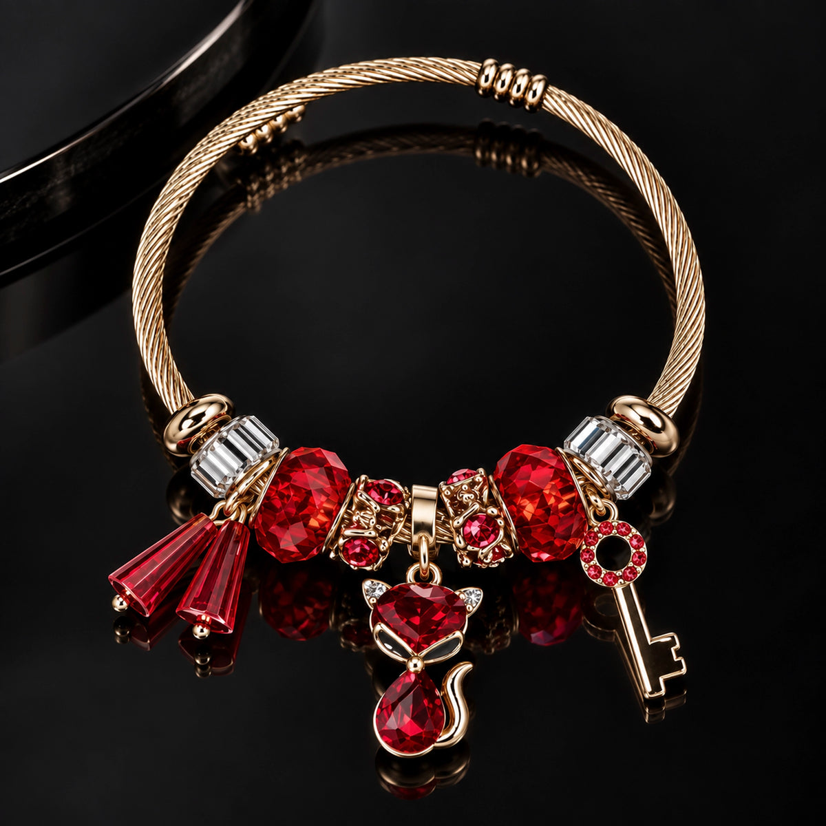 HB00029 - Gold Plated Red Crystal Charm Bracelet with Cat Pendant & Key – 100% Brass