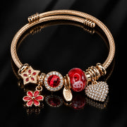 HB00030 - Gold Plated Red Enamel Flower & Crystal Charm Bracelet – 100% Brass