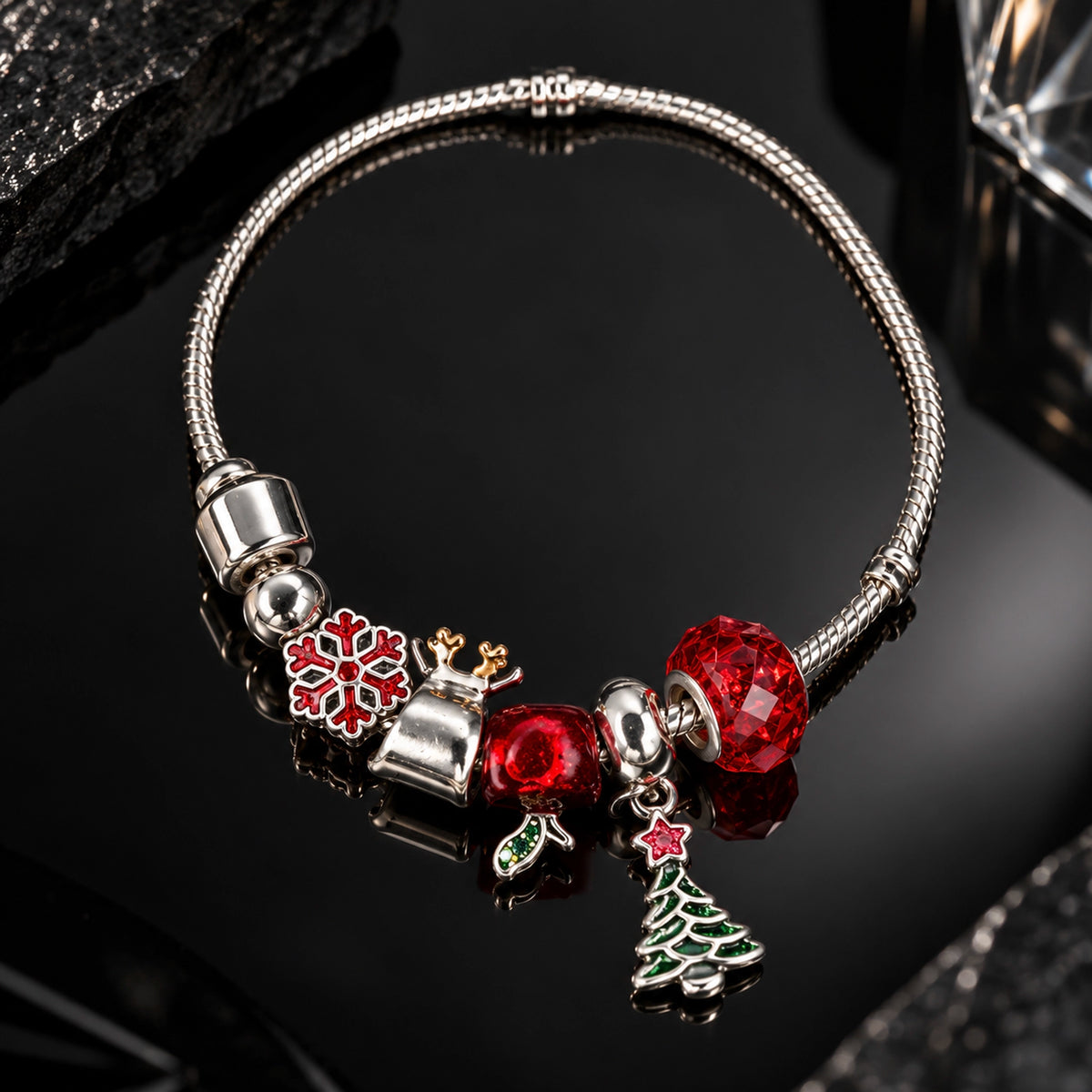 HB00031 - Gold Plated Christmas Charm Bracelet with Red Crystal Beads & Holiday Charms – 100% Brass