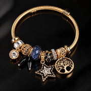 HB00032 - Gold Plated Charm Bangle Bracelet with Crystal, Floral & Tree of Life Charms – 100% Brass