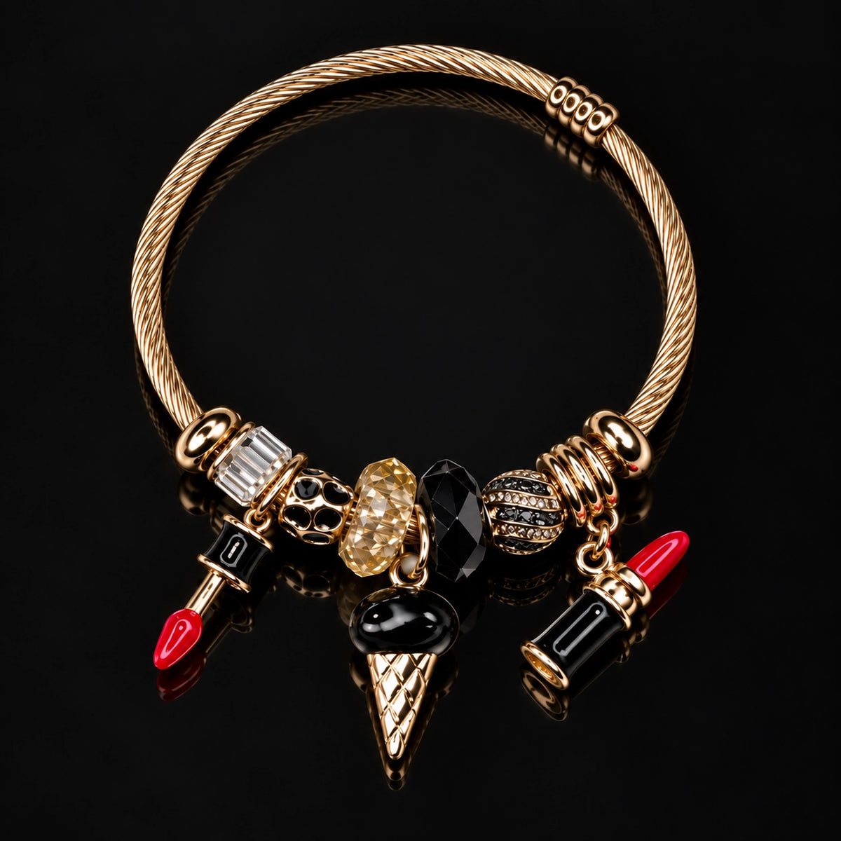 HB00034 - 18K Gold Plated 100% Brass Charm Bracelet with Lipstick, Ice Cream & Crystal Bead Accents