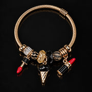 HB00034 - 18K Gold Plated 100% Brass Charm Bracelet with Lipstick, Ice Cream & Crystal Bead Accents