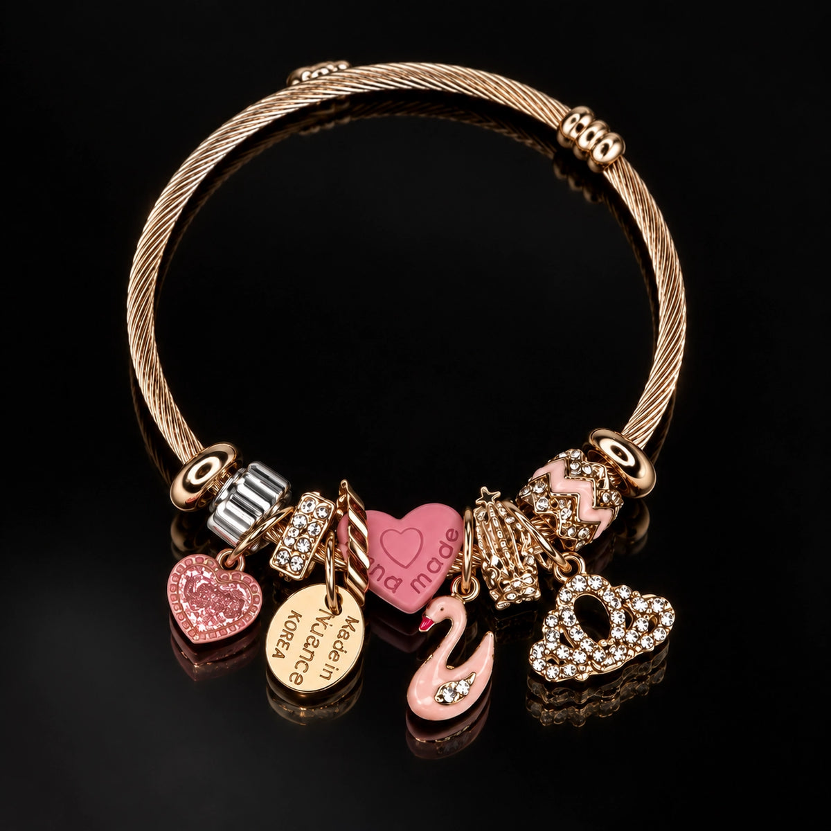 HB00041 - Gold Plated 100% Brass Charm Bracelet – Heart & Love Pendant Fashion Jewelry
