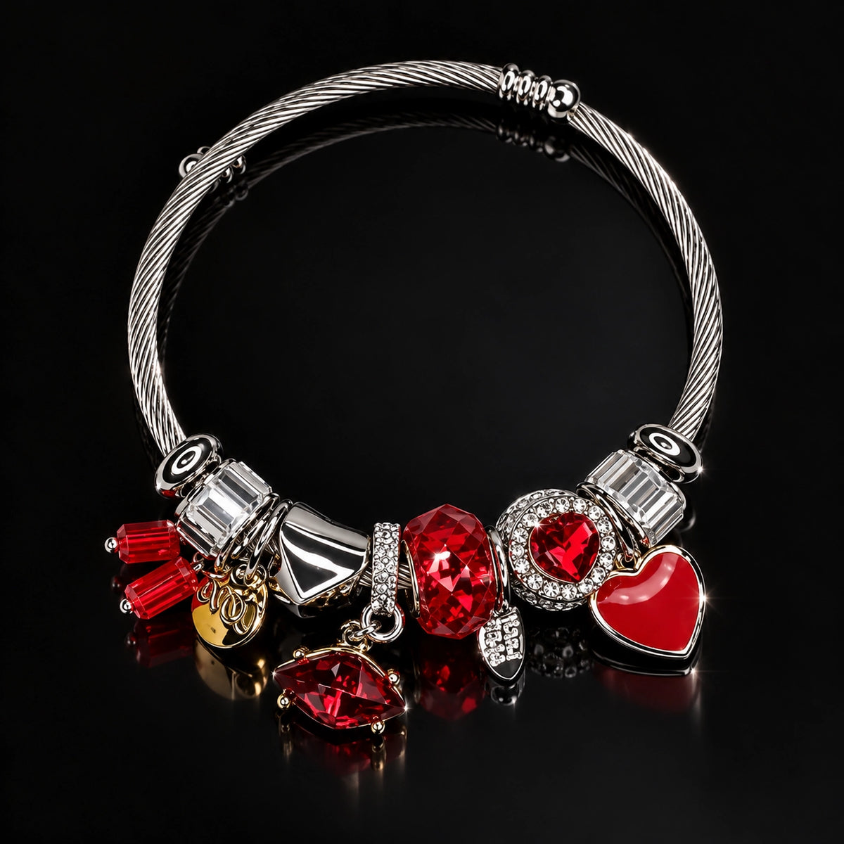 HB00042 - Gold Plated Red Crystal Charm Bracelet – 100% Brass Statement Jewelry