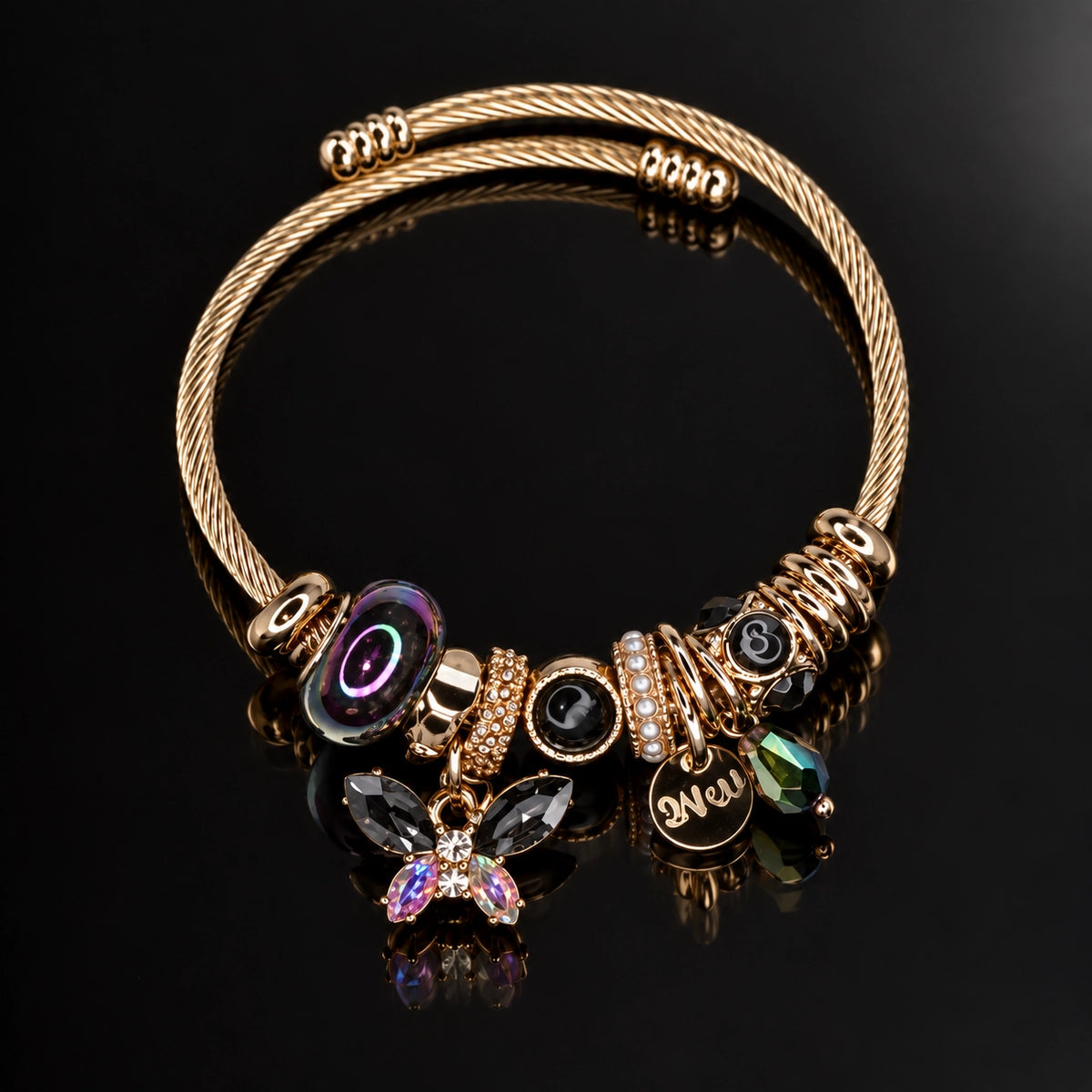 HB00044 - Gold Plated Charm Bracelet – 100% Brass Statement Bangle with Crystal & Bead Details