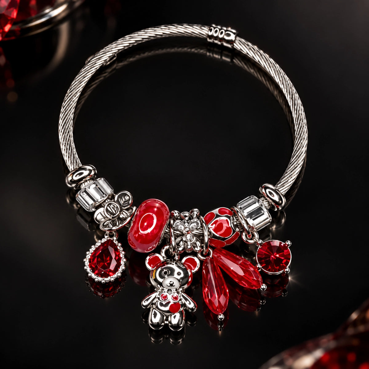 HB00049 - Gold Plated Red Charm Bracelet – 100% Brass Heart & Crystal Charm Bangle