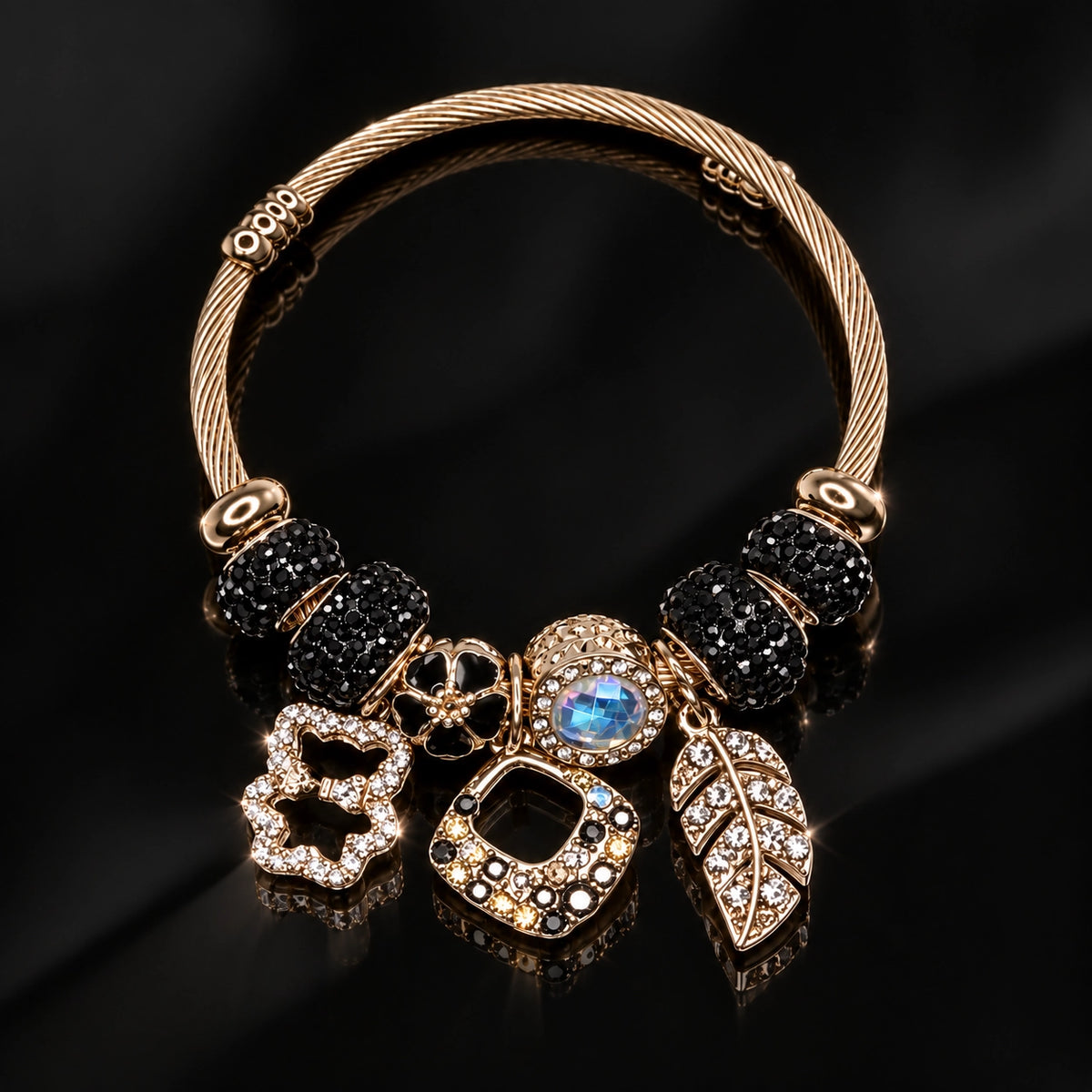 HB00050 - Gold Plated Charm Bracelet – 100% Brass Statement Jewelry with Black Beads & Rhinestone Charms