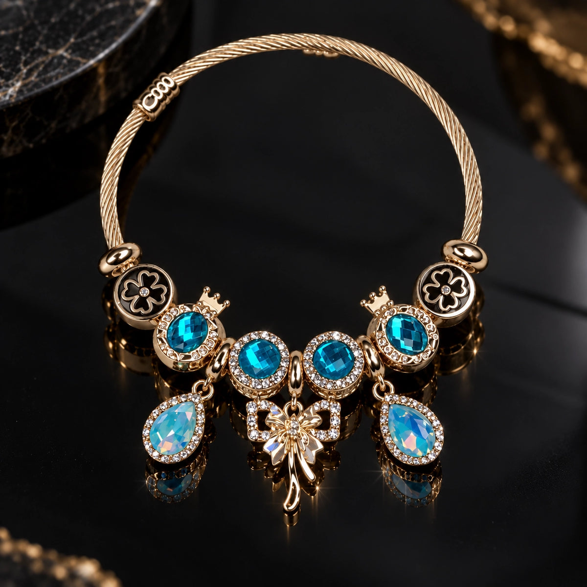 HB00051 - Gold Plated Turquoise Charm Bracelet – 100% Brass Statement Jewelry