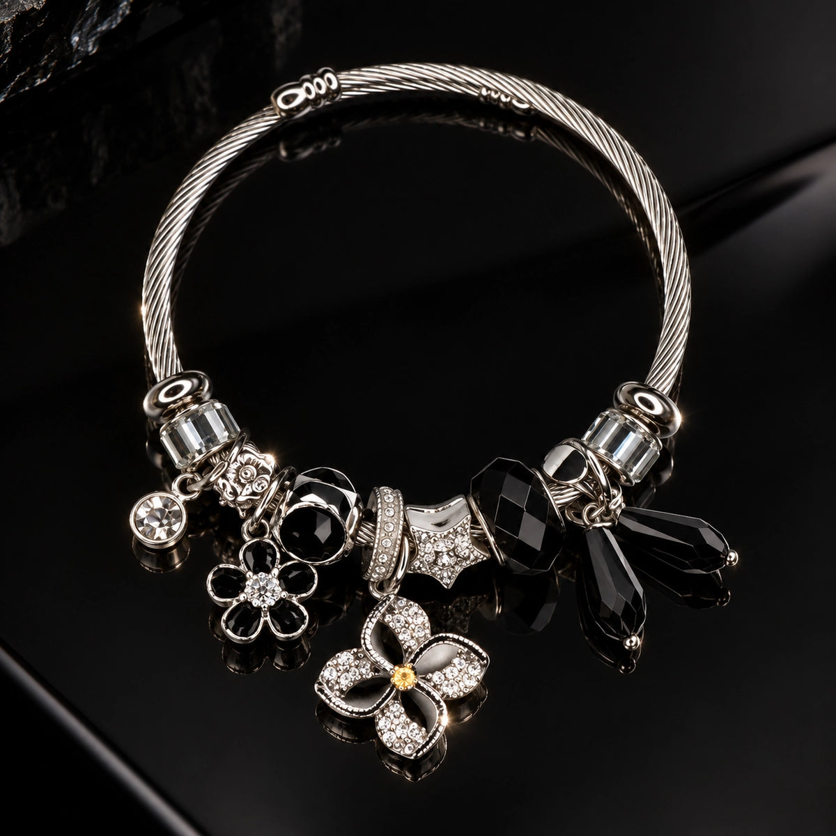 HB00052 - Gold Plated Black Charm Bracelet – 100% Brass Elegant Statement Jewelry