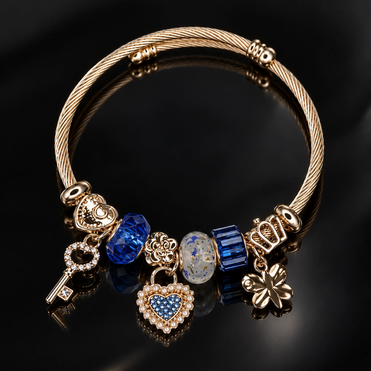 HB00053 - Gold Plated Charm Bracelet – 100% Brass Blue Crystal & Heart Charms