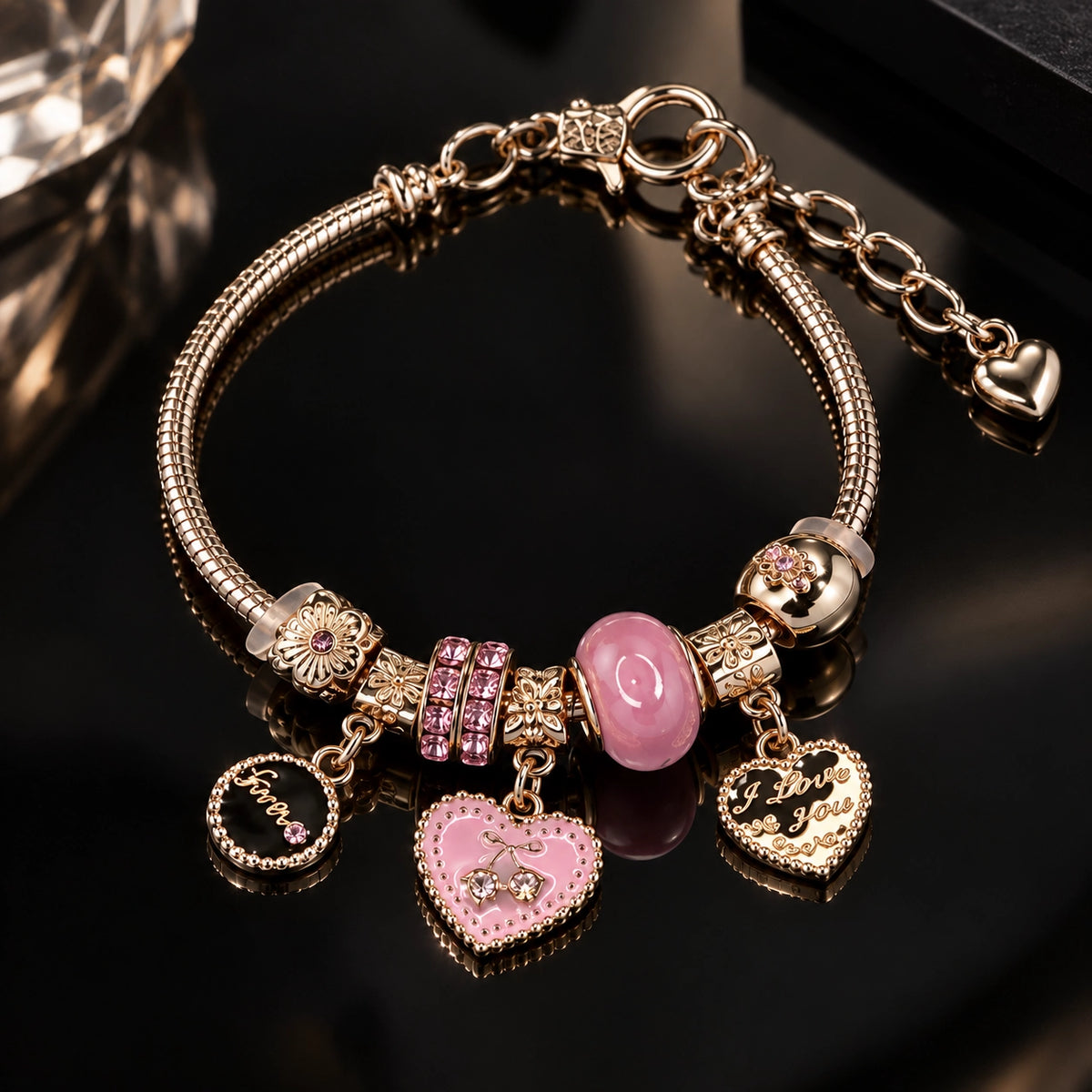 HB00055 - Gold Plated Charm Bracelet – 100% Brass Pink Heart & Love Charms
