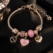 HB00055 - Gold Plated Charm Bracelet – 100% Brass Pink Heart & Love Charms