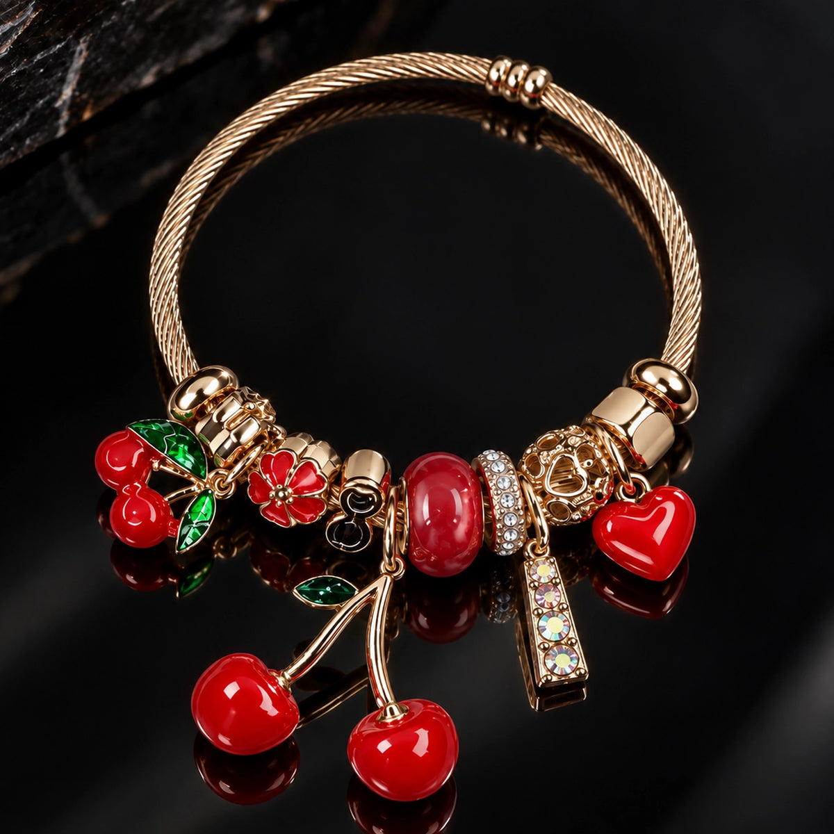 HB00057 - Gold Plated Cherry Charm Bracelet – 100% Brass Statement Bangle