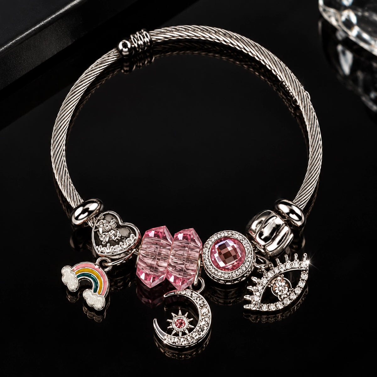 HB00058 - Gold Plated 100% Brass Charm Bracelet – Pink Crystal & Rainbow Statement Bracelet