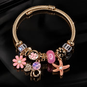HB00061 - Gold Plated Charm Bracelet – 100% Brass Pink Floral & Starfish Design