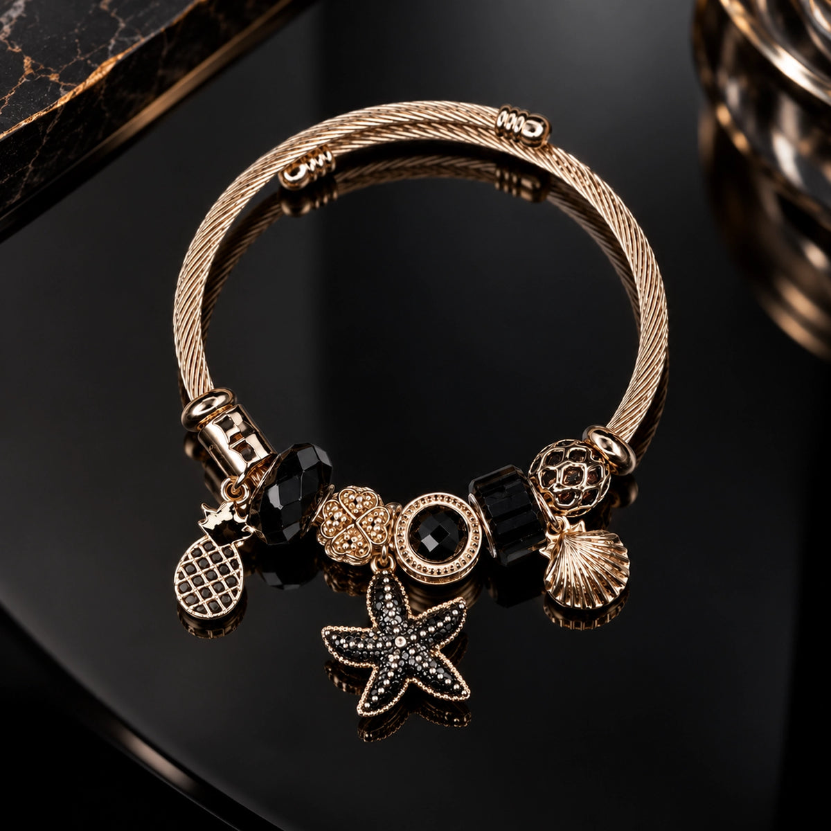 HB00063 - Gold Plated Charm Bracelet – 100% Brass Cable Bangle with Black Beads & Starfish Charms