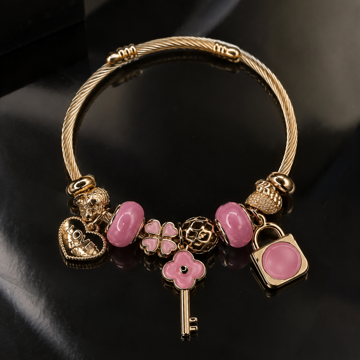 HB00064 - Gold Plated Pink Charm Bracelet – 100% Brass Heart, Flower, Love & Key Design