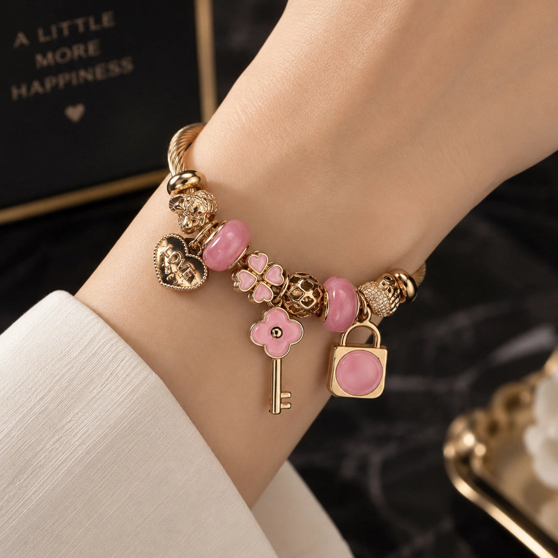 HB00064 - Gold Plated Pink Charm Bracelet – 100% Brass Heart, Flower, Love & Key Design