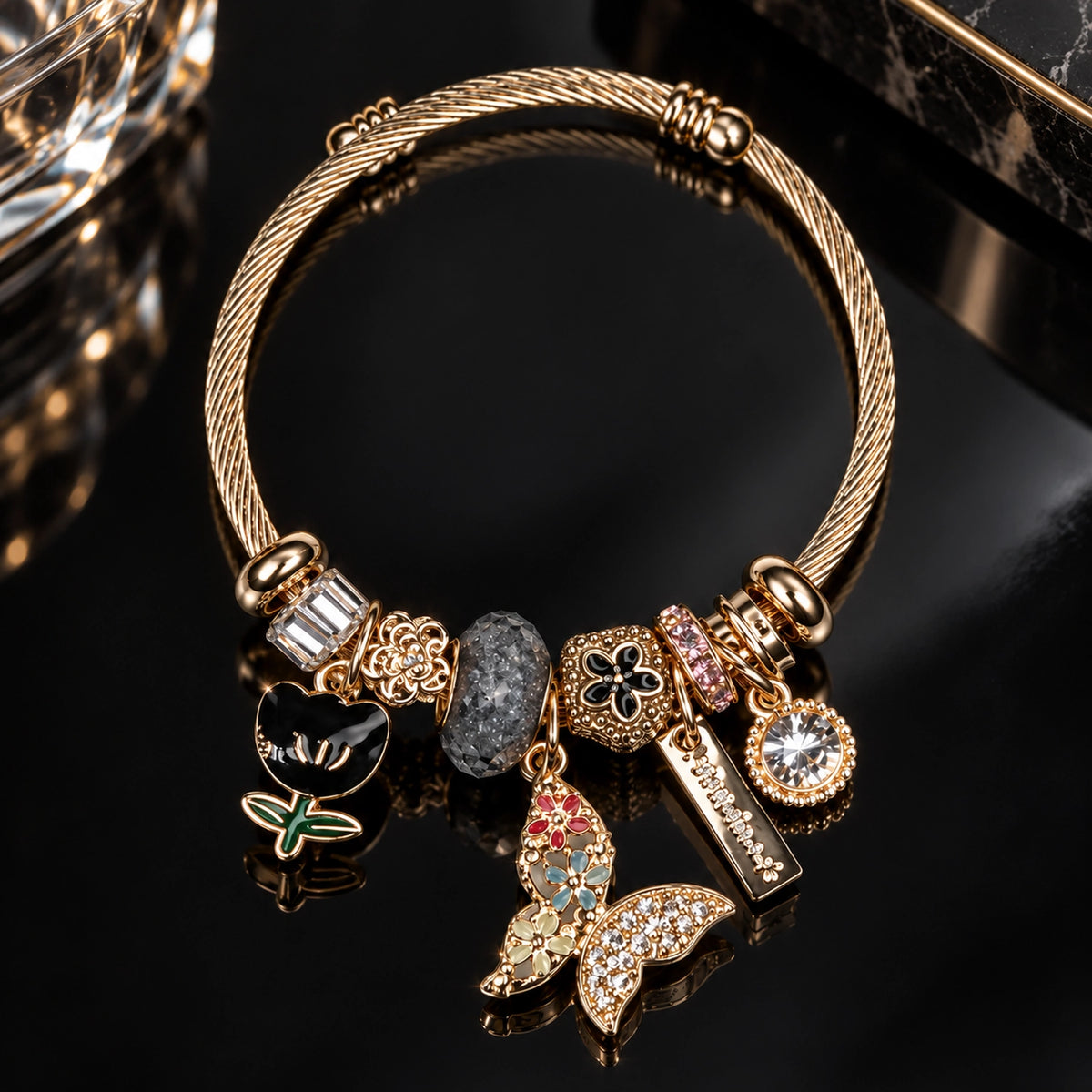 HB00065 - Gold Plated Charm Bracelet – 100% Brass Statement Bracelet with Crystal & Butterfly Charms