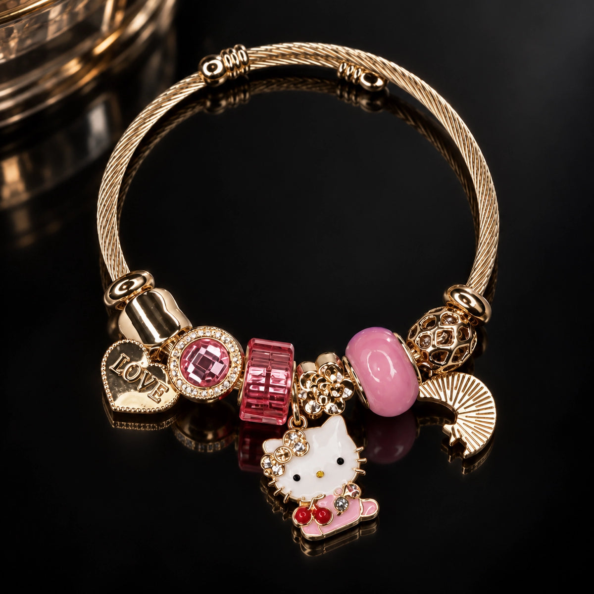 HB00066 - Gold Tone Bangle Charm Bracelet with Cute White Kitty, Pink Crystal & Heart Charms