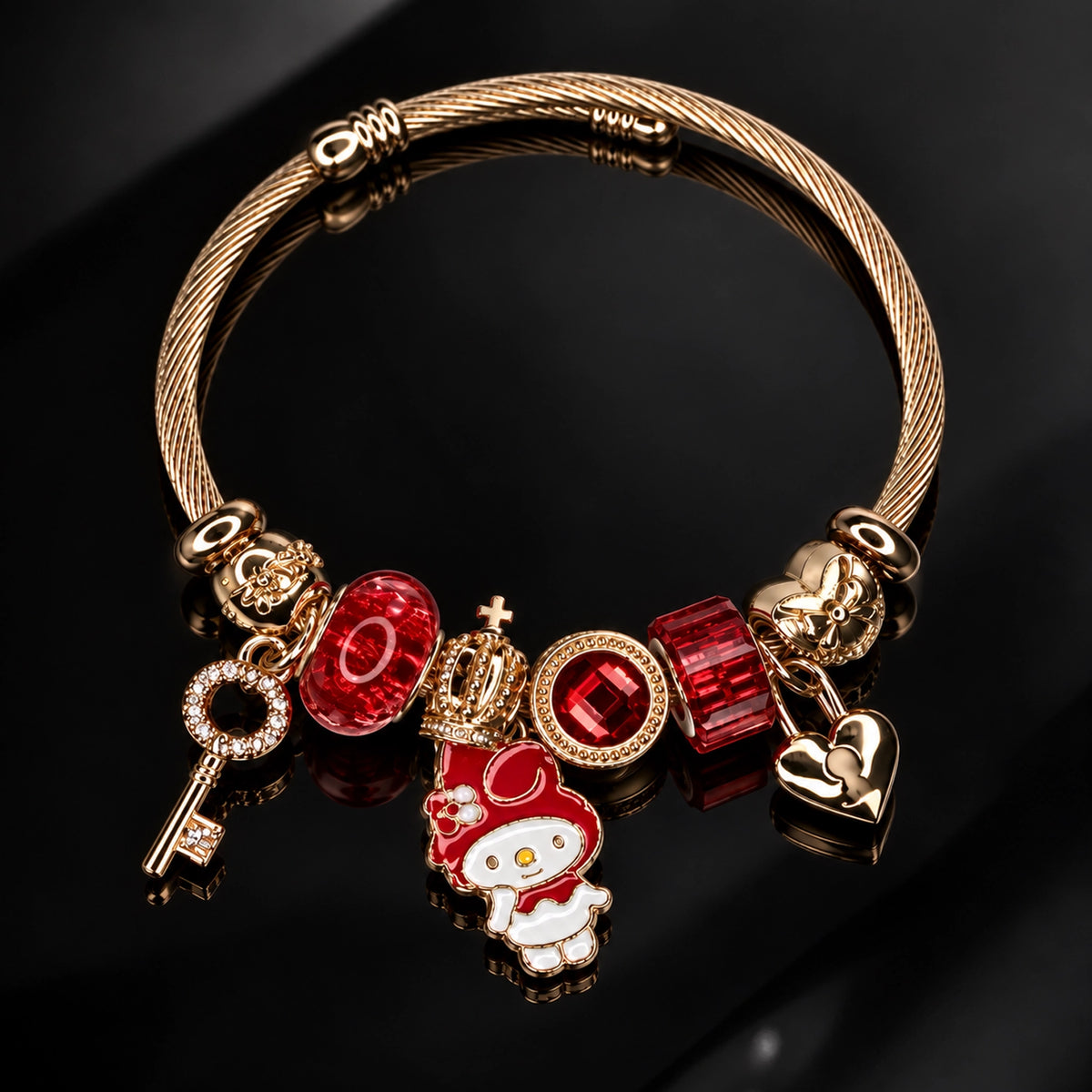 HB00067 - Gold Cable Bangle Charm Bracelet with Cute Red Bunny Figure, Key & Gemstone Charms