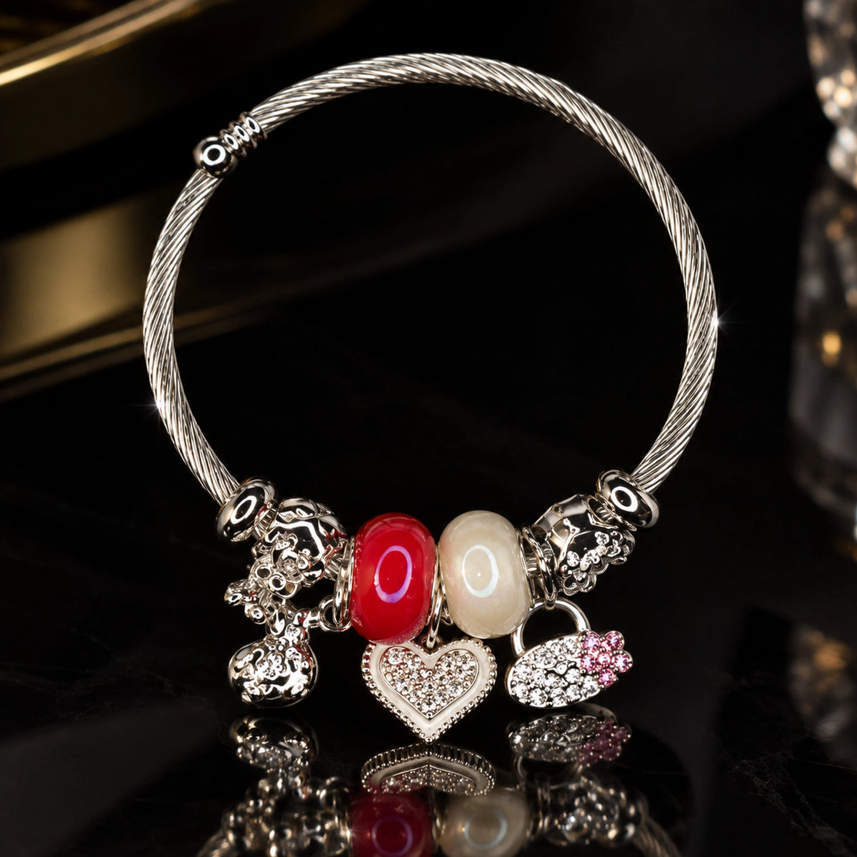 HB00076 - Silver Tone Cable Bangle Charm Bracelet with Paved Heart, Handbag & Glass Beads