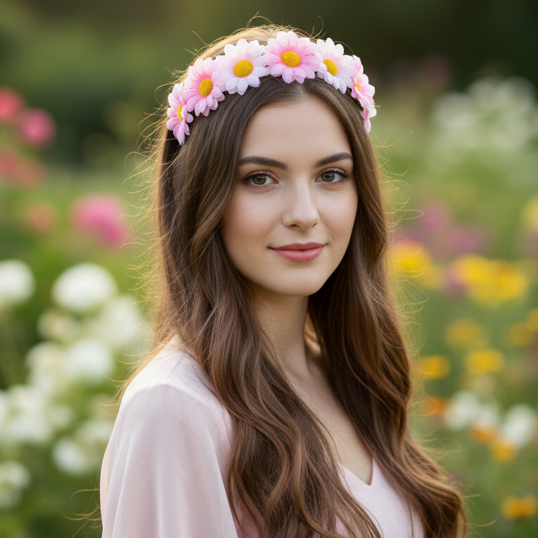 Boho Daisy Flower Crown Headband Set – Vibrant Floral Hair Accessories for Festivals, Weddings, and Parties (HBF-10021M)