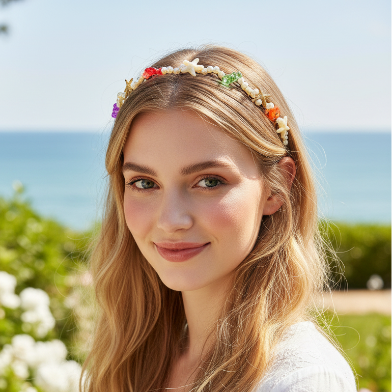 Ocean Theme Pearl Headband for Girls and Women – Mermaid Starfish & Fish Charm Wavy Hairband, Crystal Rhinestone Hair Hoop Fashion Hair Accessories 12pc (HBM-10328M)