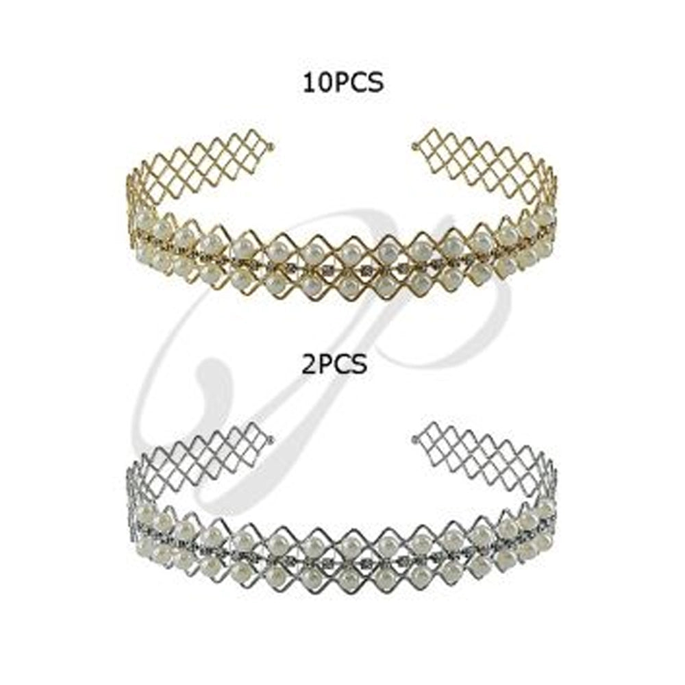 Double Row Pearl & Rhinestone Headband – Elegant Gold & Silver Lattice Hair Band for Brides, Weddings, Proms, and Formal Occasions (HBM-10334GS)