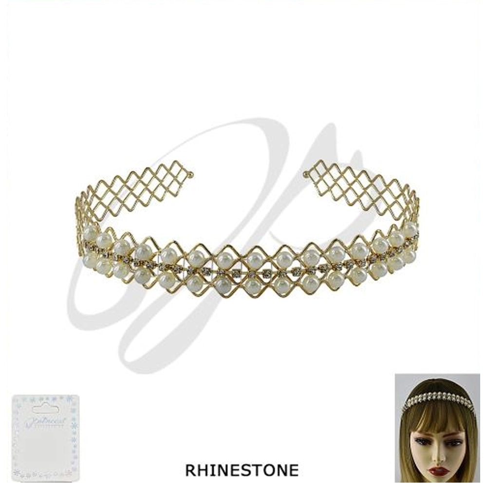 Double Row Pearl & Rhinestone Headband – Elegant Gold & Silver Lattice Hair Band for Brides, Weddings, Proms, and Formal Occasions (HBM-10334GS)