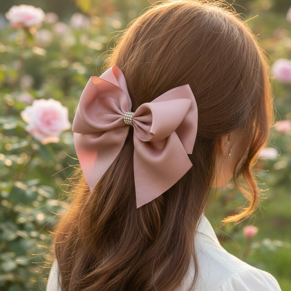 Large Sparkling Crystal Ribbon Bow | 6-Inch Statement Hair Clip | Chic Bridesmaid & Flower Girl Hair Accessory (HC-26113D1)