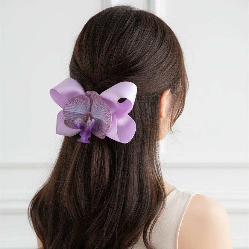 Floral Orchid Ribbon Hair Bow Clips Set (15 cm) – Tropical Flower Alligator Hair Barrettes for Women & Girls (HC-26969A)