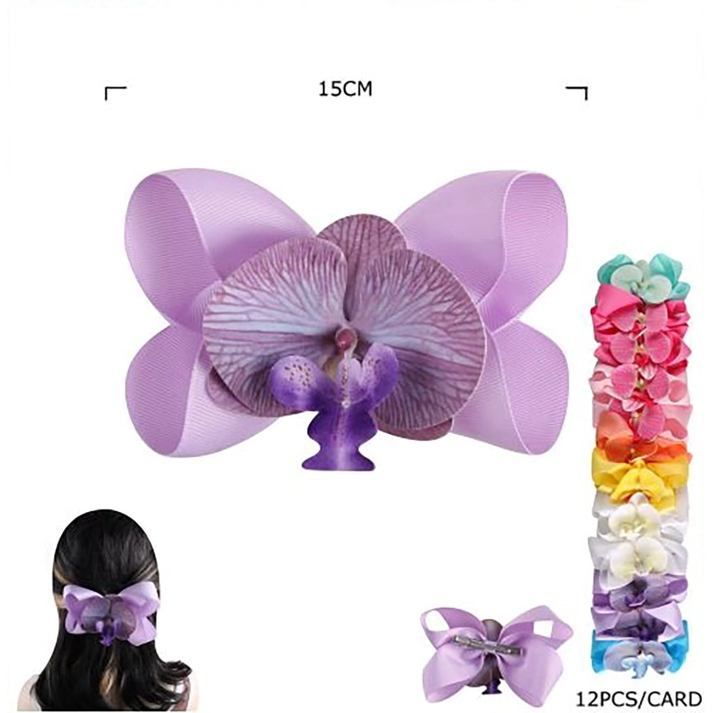 Floral Orchid Ribbon Hair Bow Clips Set (15 cm) – Tropical Flower Alligator Hair Barrettes for Women & Girls (HC-26969A)