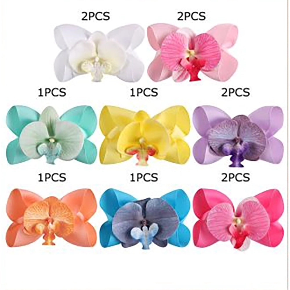 Floral Orchid Ribbon Hair Bow Clips Set (15 cm) – Tropical Flower Alligator Hair Barrettes for Women & Girls (HC-26969A)