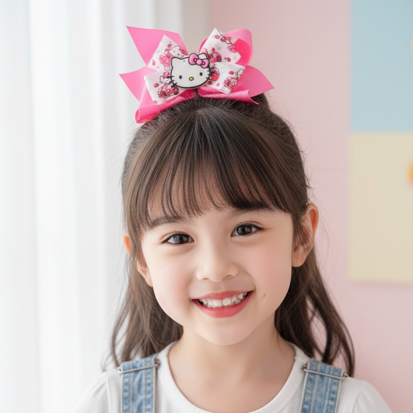 12-Piece Cute Cartoon Kitten Hair Bow Set – Large 15cm Grosgrain Ribbon Bows with Aligator Clips for Girls, Toddlers, and Teens (HC-26976K)